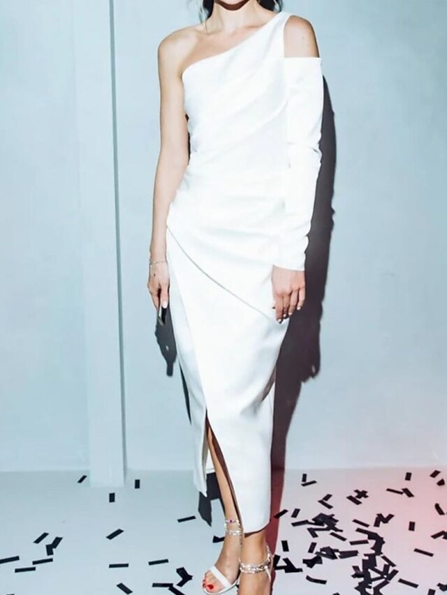  Fourreau / Colonne Blanc Elégant Vêtements de fête Fête scolaire Robe Une Epaule Manches Longues Longueur Cheville Satin avec Ruché Fendue 2021
