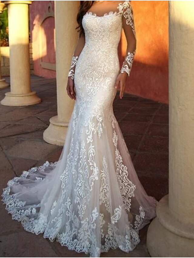  Mermaid / Trumpet Wedding Dresses Jewel Neck Sweep / Brush Train Lace Tulle Long Sleeve Sexy with Embroidery 2020 / Illusion Sleeve