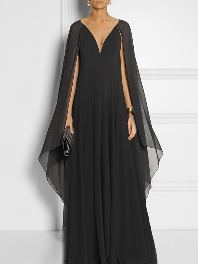  Sheath Black Dress Evening Gown Black Dress Vintage Engagement Formal Evening Court Train Sleeveless V Neck Chiffon with Pleats 2024