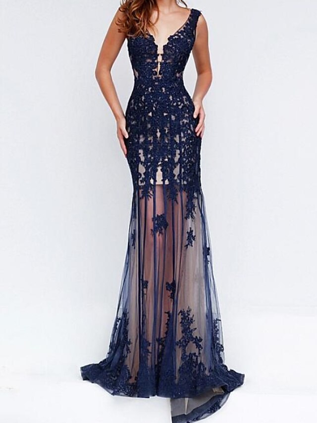  Sheath / Column Evening Gown Beautiful Back Dress Engagement Floor Length Sleeveless V Neck Chiffon with Appliques 2023