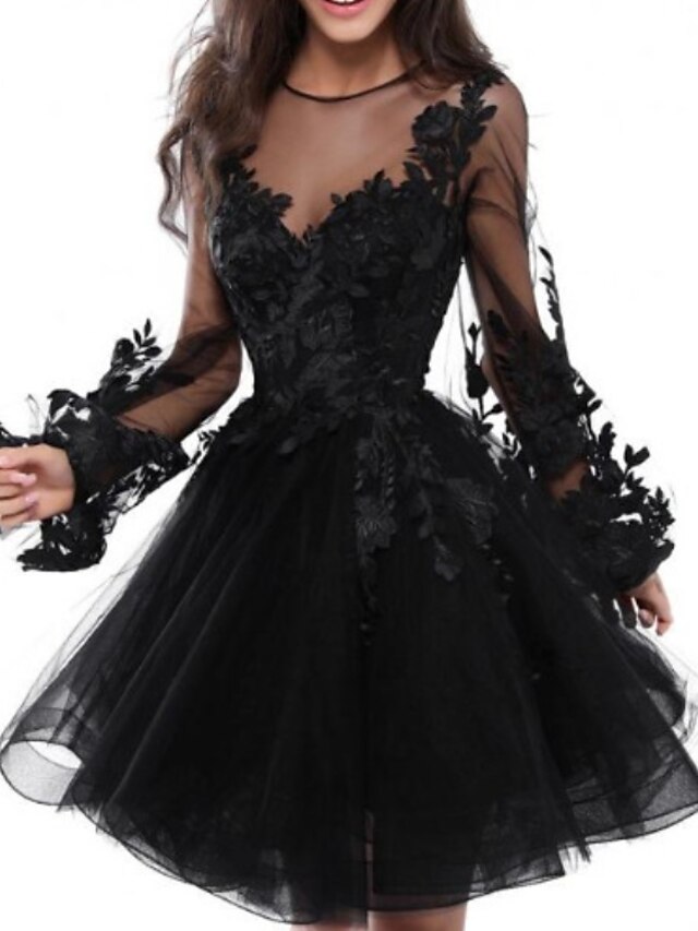  A-Line Floral Homecoming Cocktail Party Dress Illusion Neck Jewel Neck Long Sleeve Short / Mini Lace Tulle with Appliques 2021