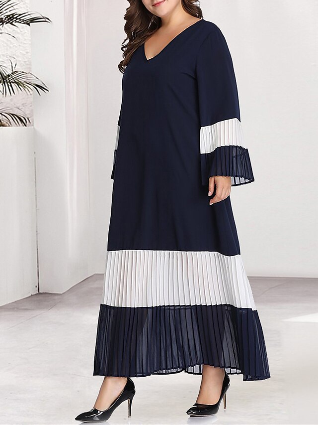 Women's Kaftan Dress Maxi long Dress Black Blue Long Sleeve Blue & White Black & Red Solid Color Color Block Pleated Patchwork Basic V Neck Casual Flare Cuff Sleeve XL XXL 3XL 4XL 5XL / Plus Size