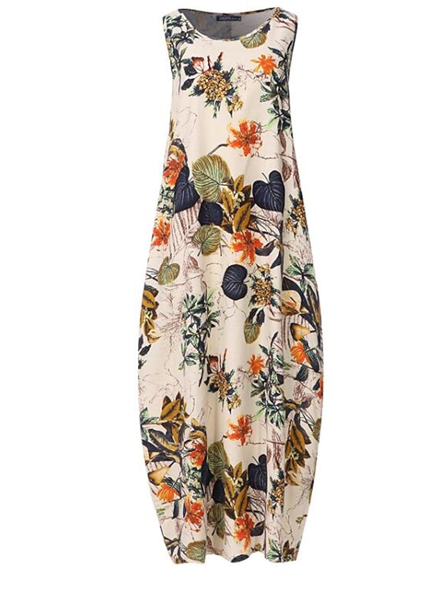 Womens Clothing Womens Dresses | Womens Loose Maxi long Dress Yellow Red Navy Blue Sleeveless Floral Leaf Print Summer Round Nec