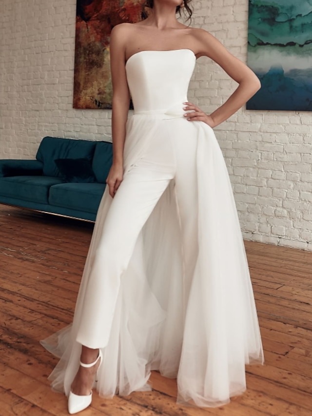  Hall Wedding Dresses Jumpsuits Square Neck Strapless Sweep / Brush Train Tulle Bridal Gowns With Split Front 2024