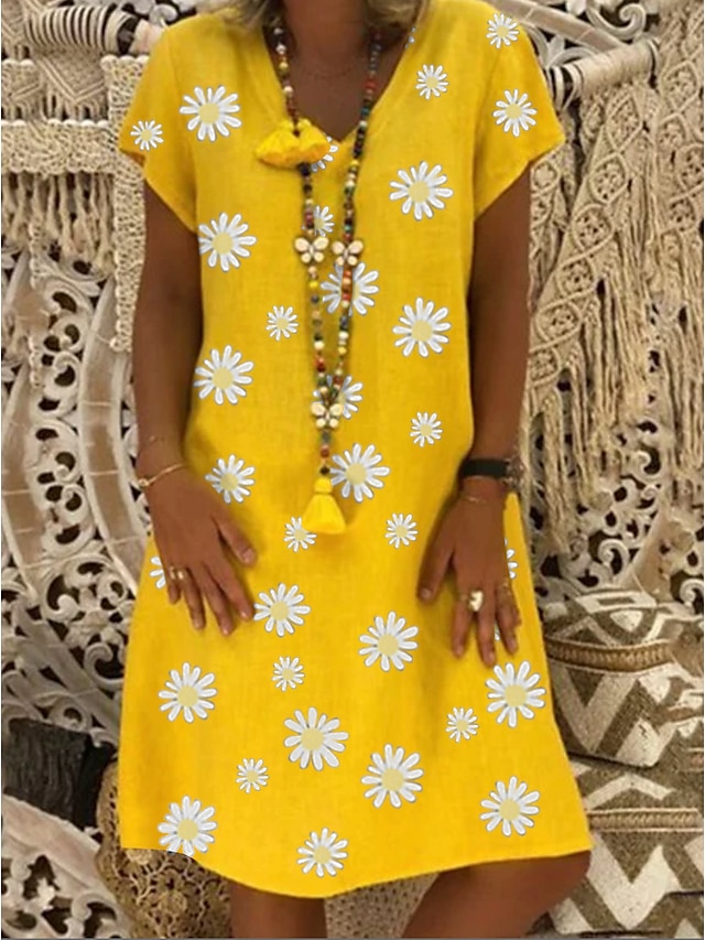  Women‘s Shift Dress Midi Dress Black Yellow Green Short Sleeve Floral Print Spring Summer V Neck Hot 2023 S M L XL XXL 3XL