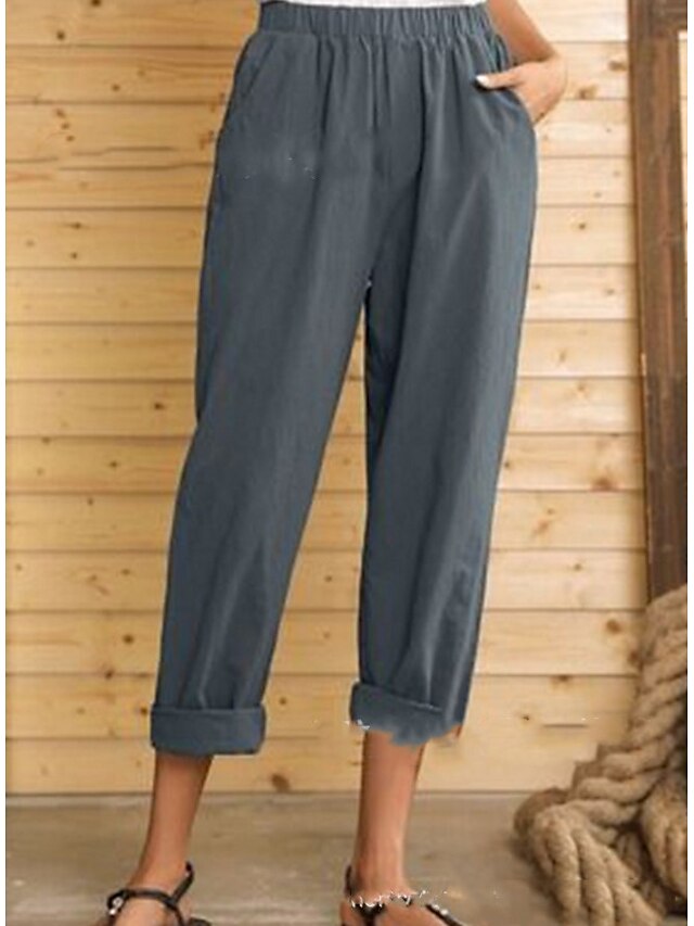  Women's Basic Cotton Loose Chinos Pants Solid Colored High Waist Black Blue Gray