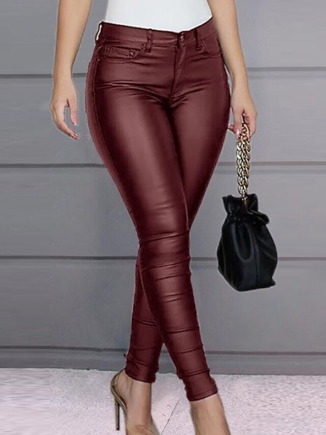  Women's Skinny Chinos Tights Pants Trousers PU Artificial Leather Black Wine Blue Mid Waist Basic Party Micro-elastic Ankle-Length Solid Colored S M L XL XXL