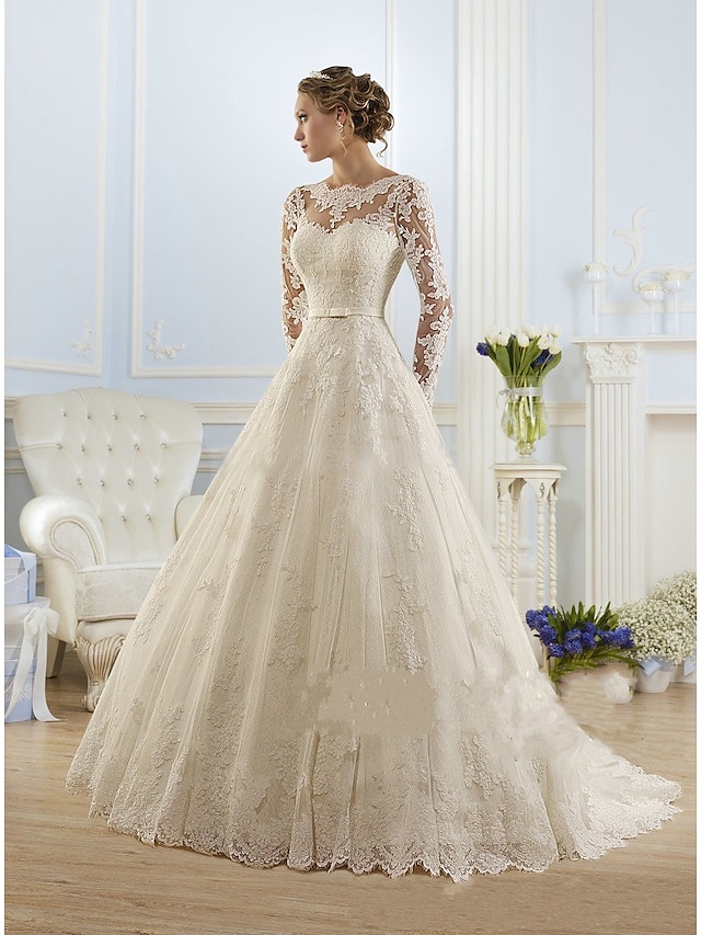  Zásnuby Formální Svatební šaty Plesové šaty Illusion Neckline Dlouhý rukáv Velmi dlouhá vlečka Krajka Svatební šaty S Aplikace 2024