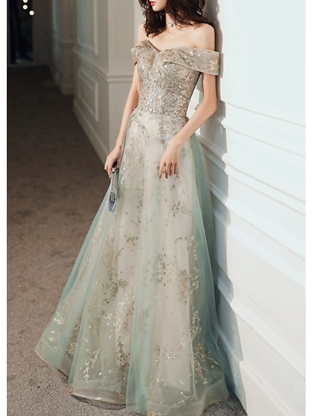  A-Linie Večerní šaty Elegantní Šaty Svatební host Zásnuby Na zem Krátký rukáv Pod rameny Tyl s Flitry 2024