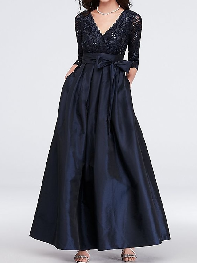  A-Line Mother of the Bride Dress Elegant V Neck Floor Length Satin Lace 3/4 Length Sleeve with Sash / Ribbon Pleats 2022