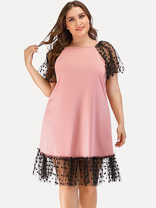  Women's Shift Dress Knee Length Dress Blushing Pink Short Sleeve Solid Color Mesh Patchwork Summer Square Neck Elegant Streetwear 2021 L XL XXL 3XL 4XL / Plus Size