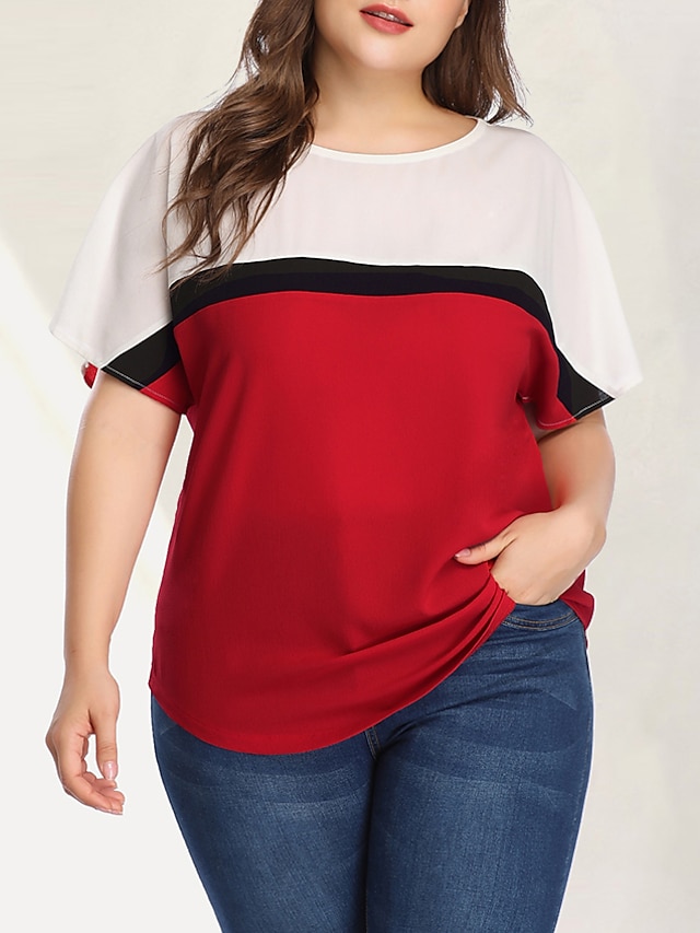  Women's Blouse Color Block Plus Size Print Short Sleeve Daily Tops Basic Punk & Gothic Red