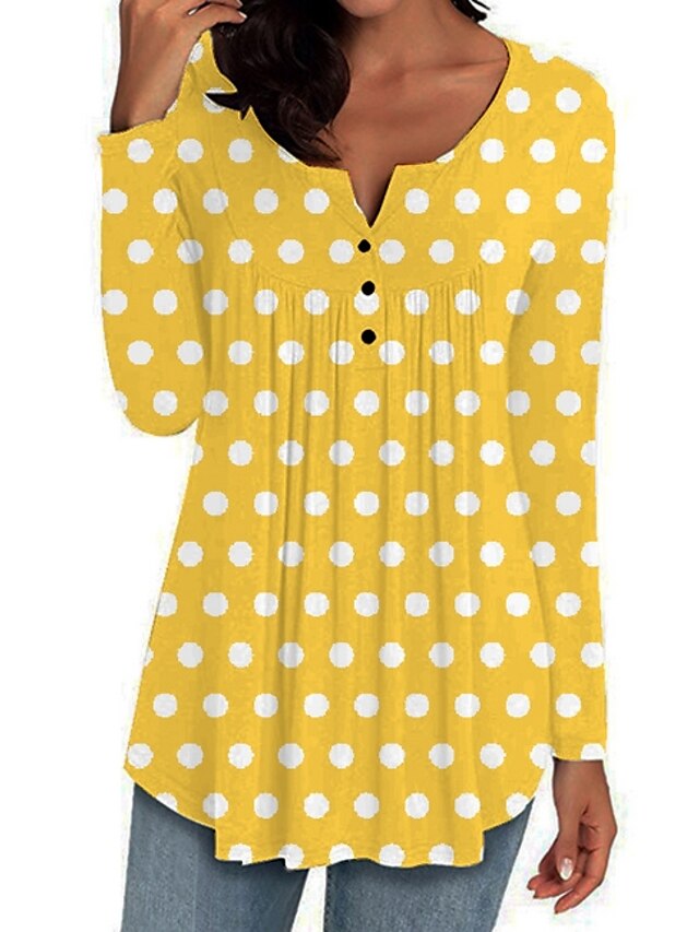  Жен. Блуза Длинная баска Рубашка Горошек Длинный рукав V-образный вырез Верхушки Желтый Зеленый Светло-серый