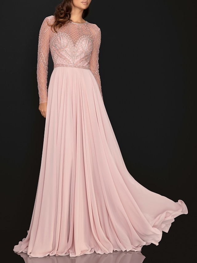  A-Line Evening Gown Elegant Dress Engagement Formal Evening Sweep / Brush Train Long Sleeve Illusion Neck Chiffon with Pleats Sequin 2024