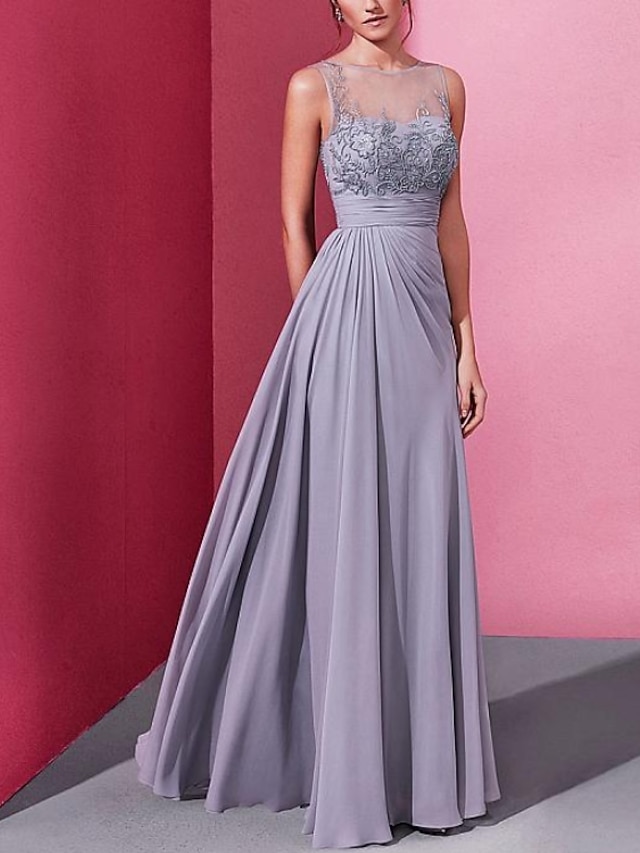  Sheath / Column Evening Gown Elegant Dress Engagement Formal Evening Floor Length Sleeveless Illusion Neck Chiffon with Pleats Embroidery 2024