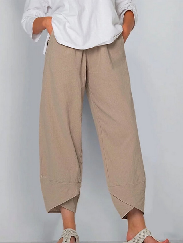  Women's Linen Pants Plus Size Faux Linen Solid Colored Maillard Black Dusty Blue Chino Mid Waist Ankle-Length Office Summer Spring &  Fall