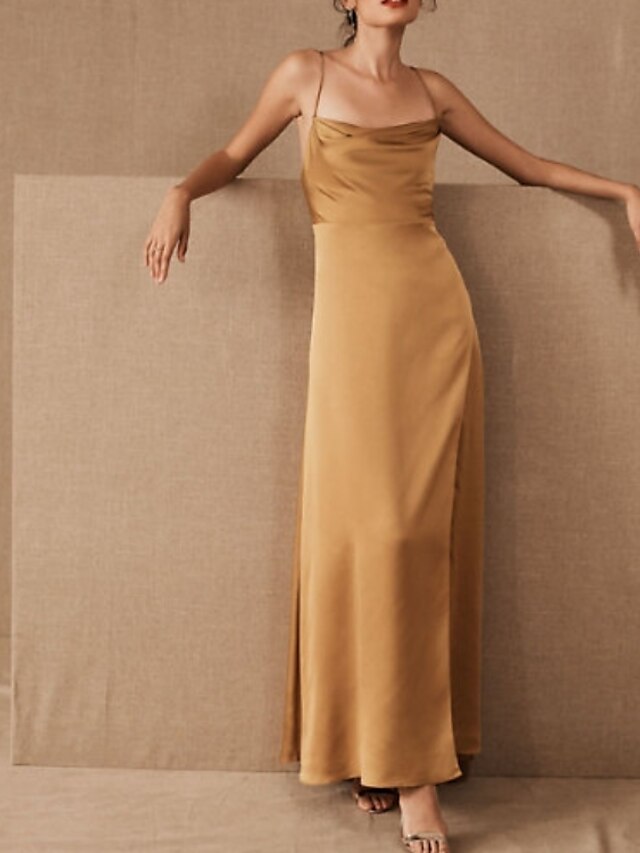  Sheath / Column Beautiful Back Elegant Engagement Prom Dress Spaghetti Strap Sleeveless Floor Length Satin with Sleek 2022