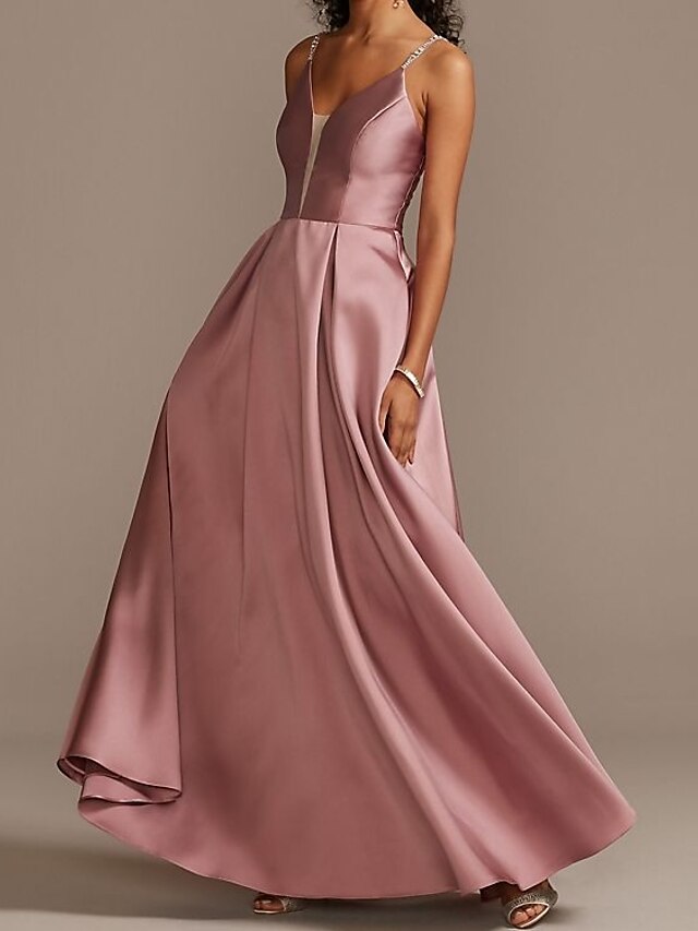  A-Line Prom Dresses Elegant Dress Wedding Guest Party Wear Floor Length Sleeveless V Neck Satin with Sleek Crystals 2024