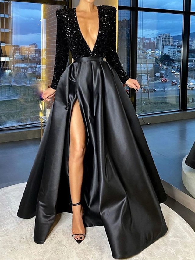  φόρεμα μπάλα βραδινό μαύρο φόρεμα λάμψη& γυαλιστερό φόρεμα γάμου γενεθλίων μάκρος πάτωμα μακρυμάνικο v λαιμόκοψη τσέπη σατέν με τσέπη παγιέτες 2024