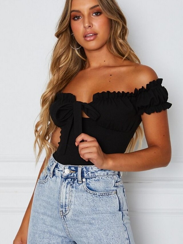  Women's Daily Bodysuit Crop Top Solid Colored Short Sleeve Off Shoulder Basic Tops Slim White Black Pink S