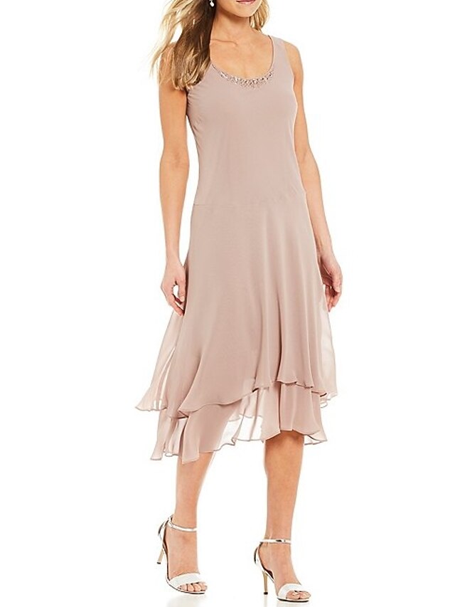 Sheath / Column Mother of the Bride Dress Simple Elegant Jewel Neck Tea Length Chiffon Long Sleeve with Sash / Ribbon Buttons
