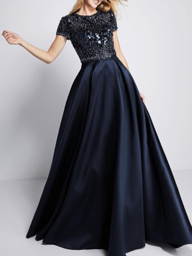  A-Line Evening Gown Elegant Dress Engagement Formal Evening Sweep / Brush Train Short Sleeve Jewel Neck Satin with Sequin 2024