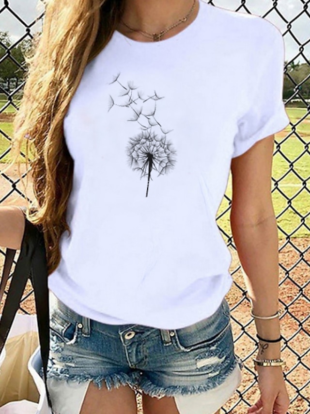Women's T shirt Tee Dog Black White Graphic Print Short Sleeve Casual ...