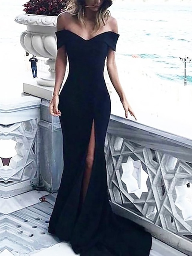 Sheath / Column Elegant Prom Formal Evening Dress Off Shoulder Sleeveless Court Train Spandex with Slit 2022