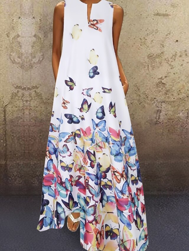 Womens Clothing Womens Dresses | Womens A Line Dress Maxi long Dress Blue White Pink Yellow Sleeveless Floral Print Spring Summe