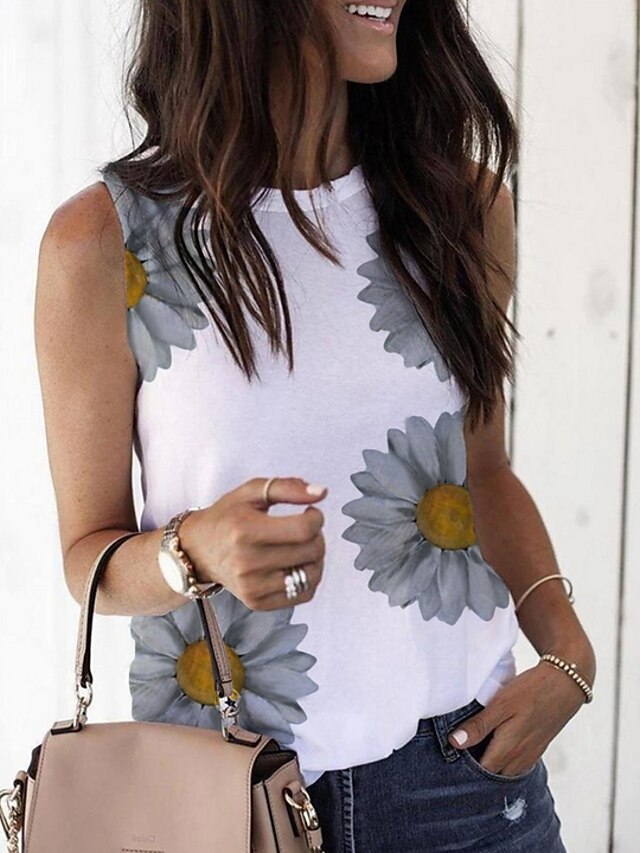 Women's Tank Top Floral Flower Round Neck Tops Basic Top White