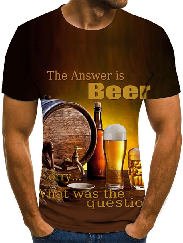  The Answer Is Beer Mens 3D Shirt | Brown Cotton | Men'S Tee Graphic Round Neck Yellow 3D Print Plus Size Daily Going Out Short Sleeve Pleated Clothing Apparel