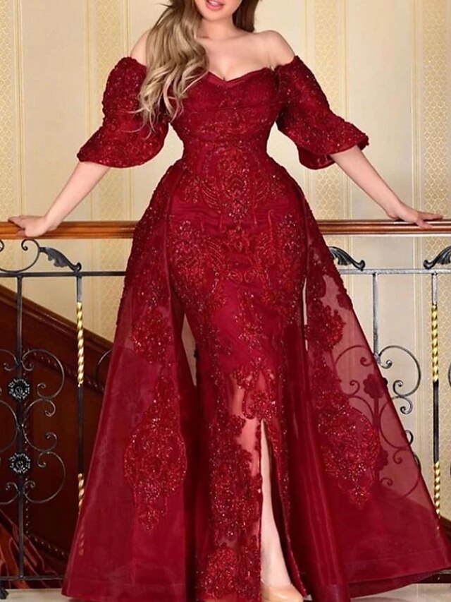  A-Line Evening Gown Elegant Dress Engagement Formal Evening Floor Length Half Sleeve Off Shoulder Lace with Beading Sequin Slit 2023