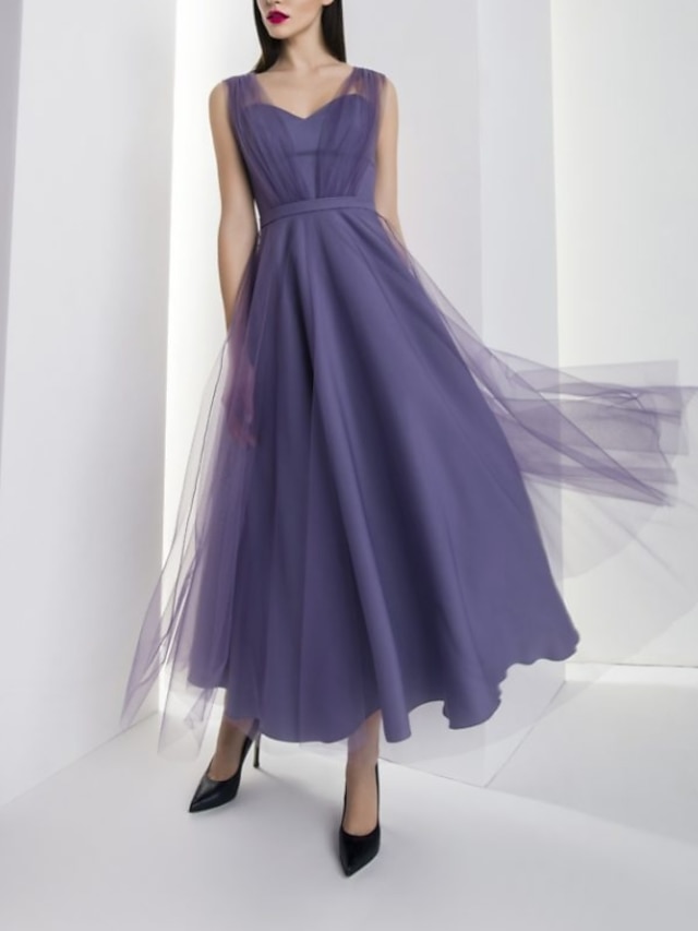 A-Line Evening Gown Vintage Dress Engagement Ankle Length Sleeveless Sweetheart Tulle with Pleats 2023
