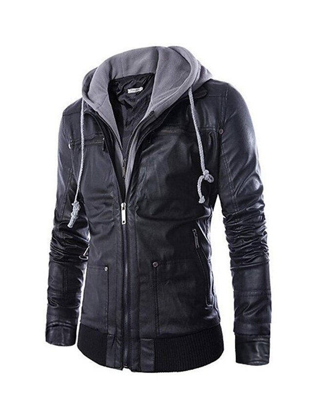  Men's Hooded Fall Jacket Regular Solid Colored Daily Punk & Gothic Long Sleeve Faux Leather Black M L XL / Winter / Slim