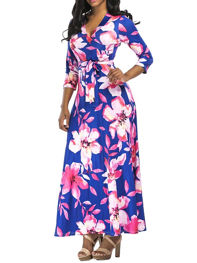  Women's Swing Dress Maxi long Dress Blue Red 3/4 Length Sleeve Floral Summer V Neck Sexy 2021 S M L XL