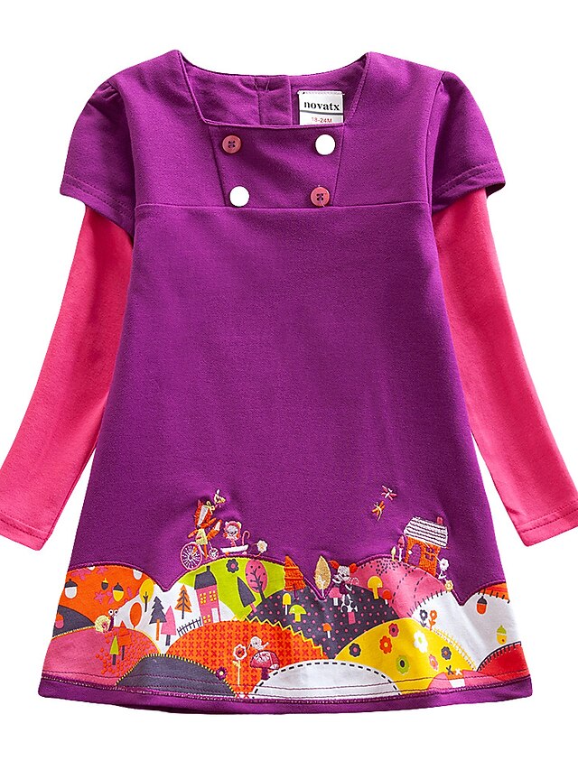  Baby Girls' Basic Vintage Santa Claus Plaid Geometric Embroidered Long Sleeve Knee-length Dress Purple