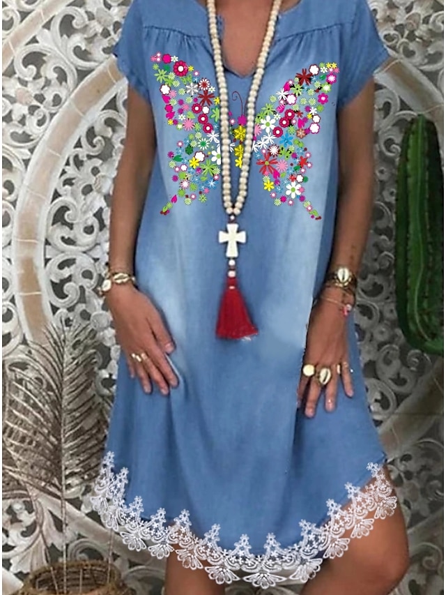  Women's Denim Dress Knee Length Dress Blue Short Sleeve Floral Print Summer V Neck Casual 2021 M L XL XXL 3XL