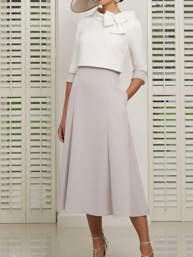 Two Piece Mother of the Bride Dress Wedding Guest Church Elegant Jewel Neck Ankle Length Stretch Satin 3/4 Length Sleeve Short Jacket Skirts with Bow(s) Race Day Dress 7