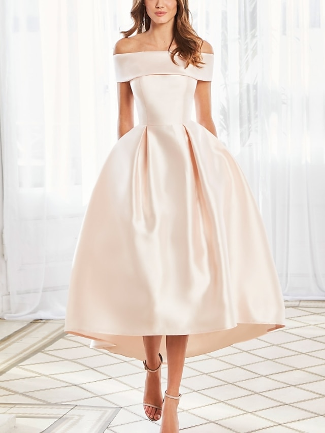  Ball Gown Elegant Vintage Engagement Prom Dress Off Shoulder Short Sleeve Ankle Length Satin with Sleek 2022