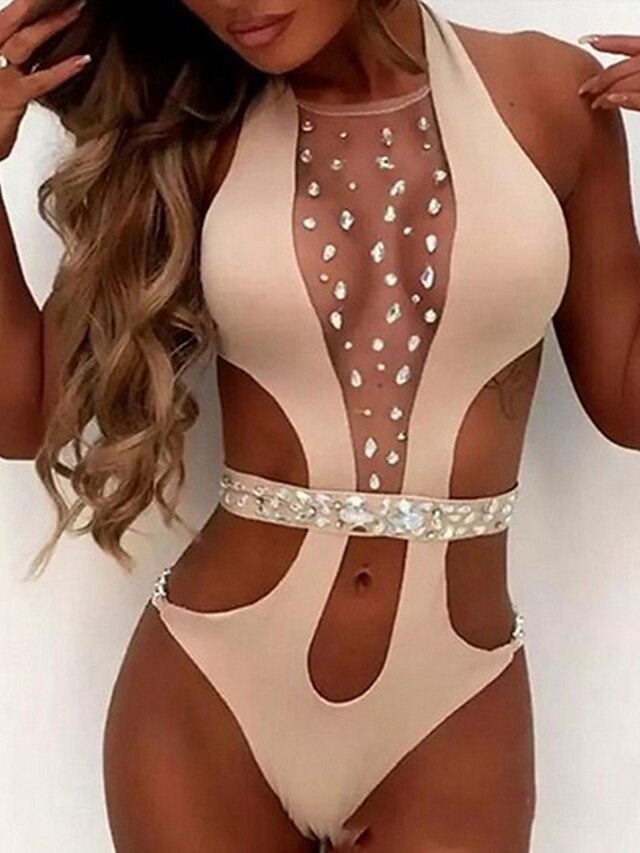  Women's Swimwear One Piece Monokini trikini Normal Swimsuit See Through Glitter Color Block Black White Pink Bathing Suits Sexy Party Sexy