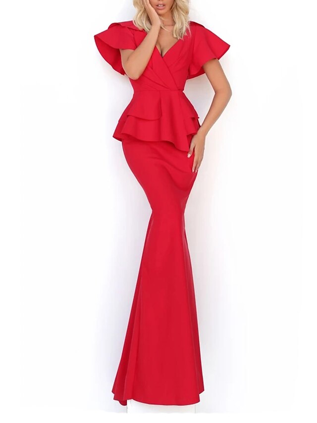  Mermaid / Trumpet Evening Gown Elegant Dress Engagement Floor Length Short Sleeve V Neck Satin with Sleek 2023