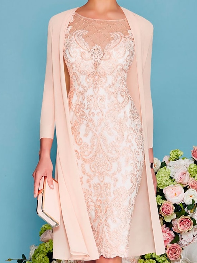  Two Piece Sheath Champagne Mother of the Bride Dress Formal Wedding Guest Church Elegant Jewel Neck Knee Length Chiffon Lace 3/4 Length Sleeve Wrap Included Jacket Dresses with Beading Appliques 2024
