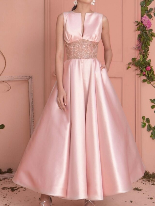  A-Line Prom Dresses Elegant Dress Wedding Guest Prom Ankle Length Sleeveless Jewel Neck Satin with Sash / Ribbon Pleats 2023