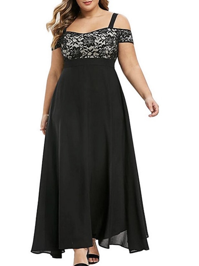  Women's Plus Size A Line Dress Solid Color Off Shoulder Lace Short Sleeve Spring Summer Vintage Sexy Prom Dress Maxi long Dress Party Dress