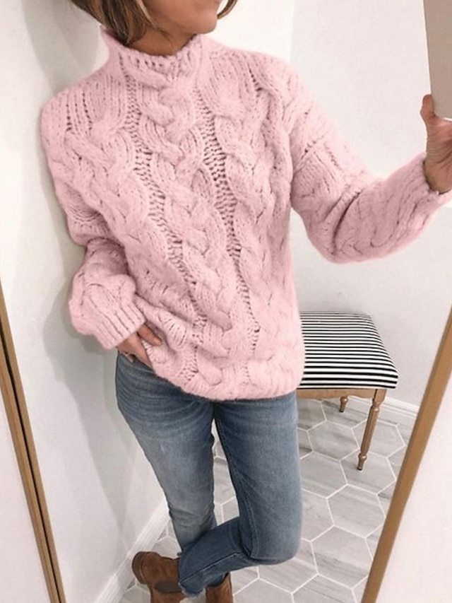  Women's Pullover Sweater Knitted Solid Color Basic Casual Chunky Long Sleeve Sweater Cardigans Turtleneck Fall Winter Yellow Blushing Pink Gray