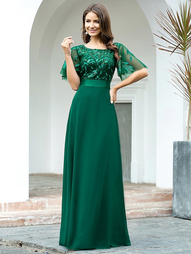  A-Linie Ballkleider Empire-Stil Kleid kleid hochzeitsgast Abendgesellschaft Boden-Länge Kurzarm Schmuck Kleid der Brautjungfer Chiffon V Zurück mit Paillette