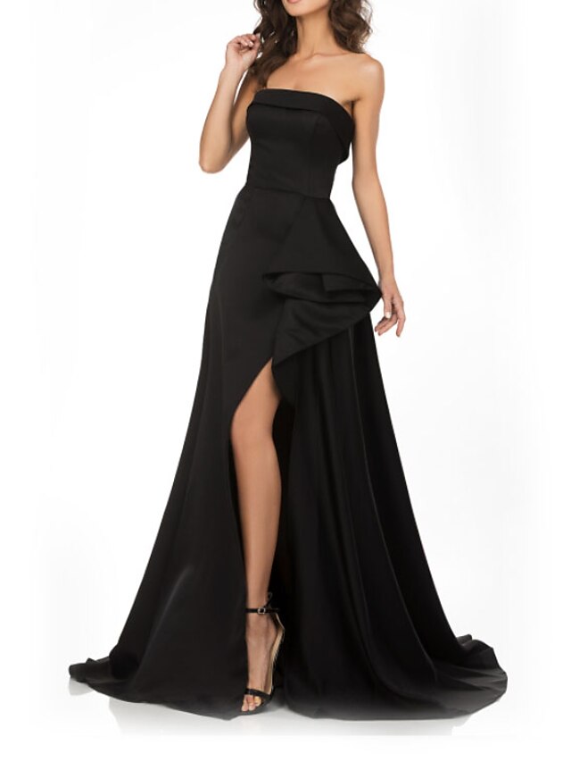  A-Line Prom Dresses Little Black Dress Dress Engagement Court Train Sleeveless Strapless Satin with Slit 2022