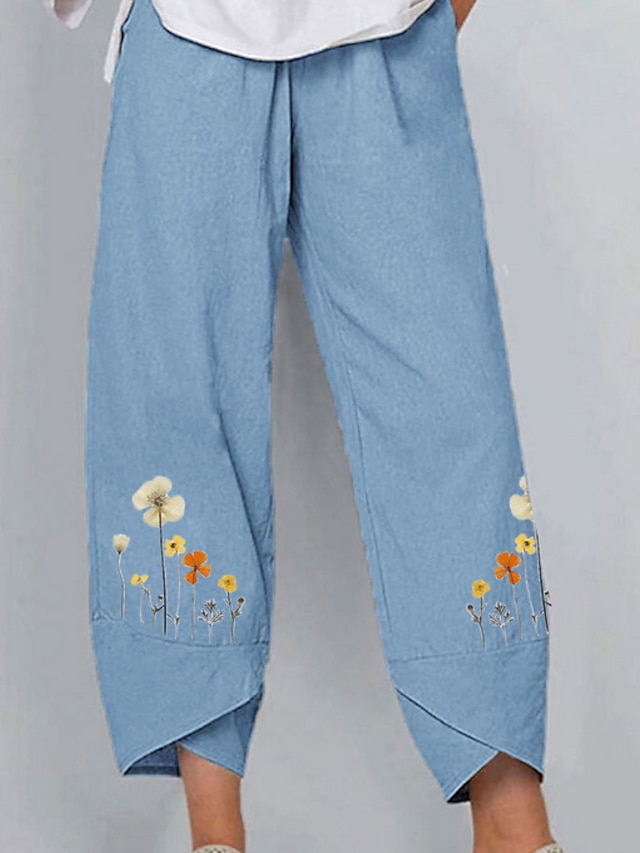 Womens Clothing Womens Bottoms | Womens Basic Chinos Pants Daily Floral Mid Waist Loose Gray Light Blue S M L XL - LJ36337