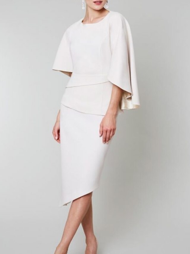 Sheath/Column Jewel Neck Tea-Length Asymmetrical Mother of the Bride Dresses with Ruched