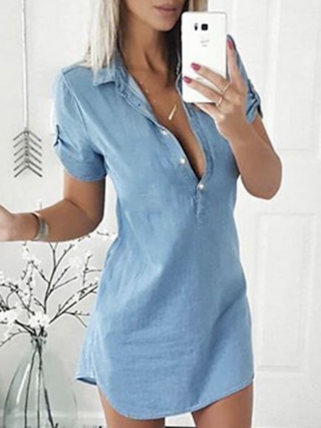  Women's Denim Shirt Dress Mini Dress Light Blue Short Sleeve Pure Color Button Summer Spring Shirt Collar Chic & Modern 2023 S M L XL XXL